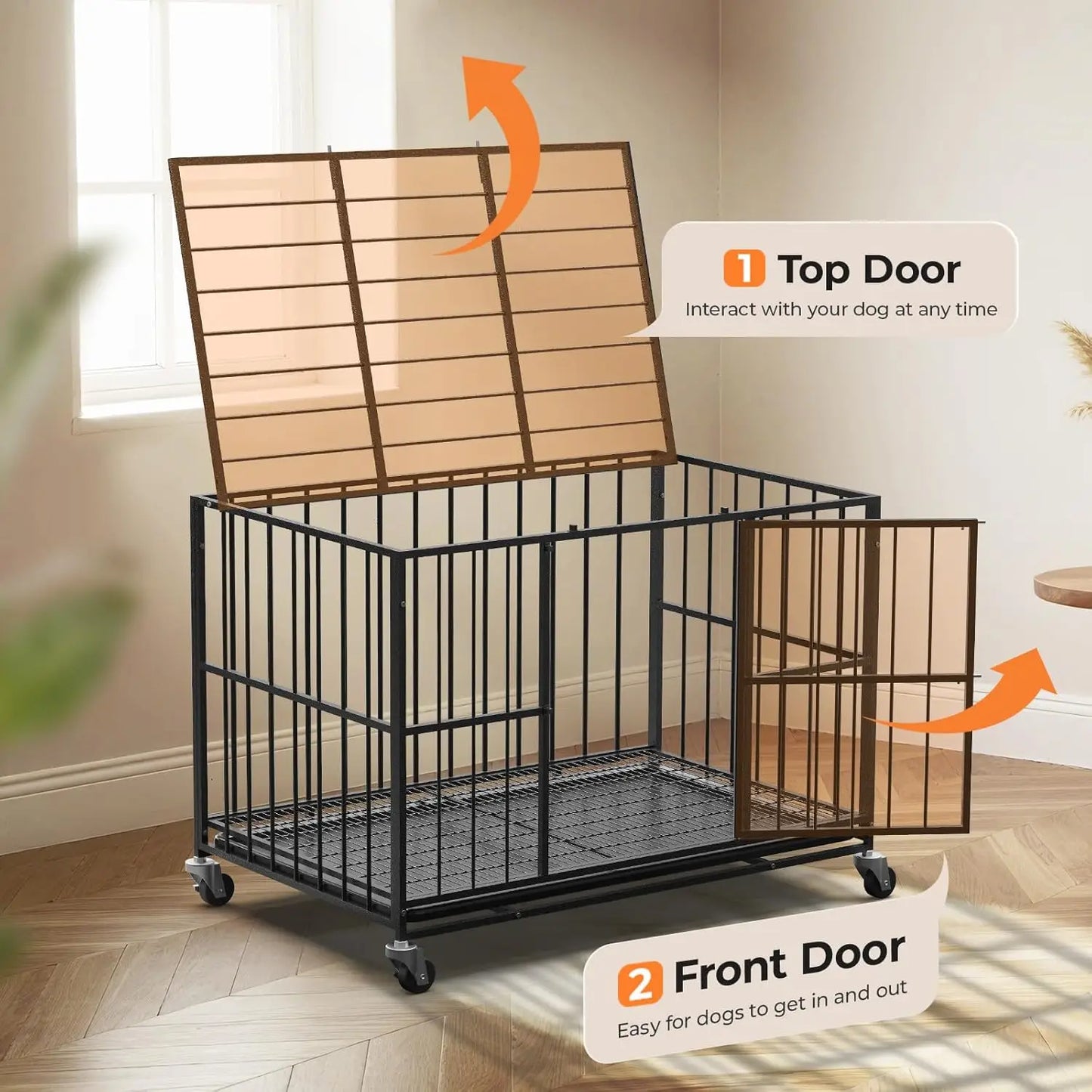 48 Inch Heavy Duty Dog Crate, Steel Escape Proof Indoor Double Door Cage with Removable Tray and Wheels for Large Dogs