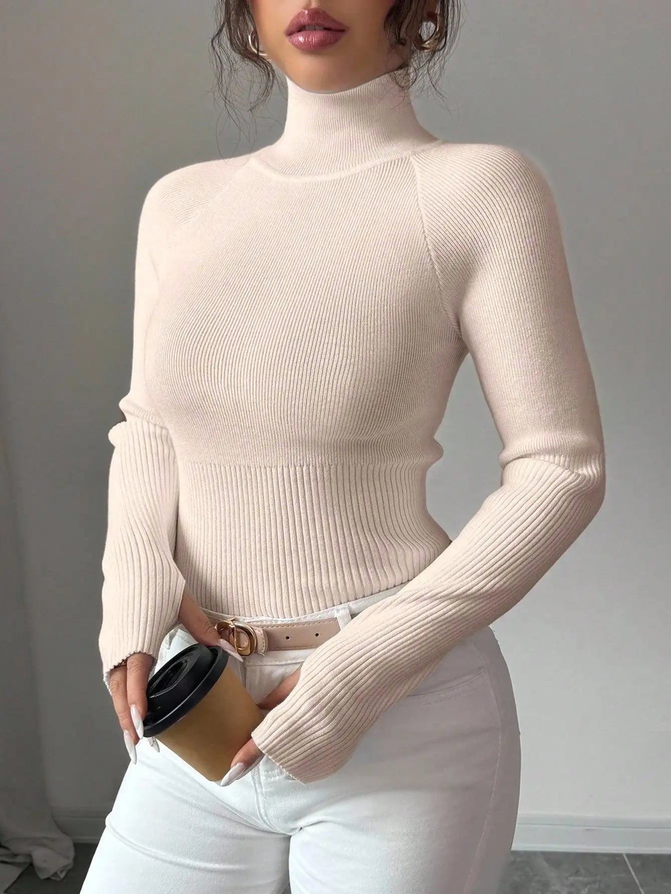 White Ribbed Turtleneck Knit Top for Women - Slim Fit Long Sleeve Sweater for Fall Winter Daily Wear
